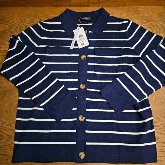 Merokeety Navy & White Striped Button Cardigan Sweater Women's Large NWT Nautic - Picture 3 of 10